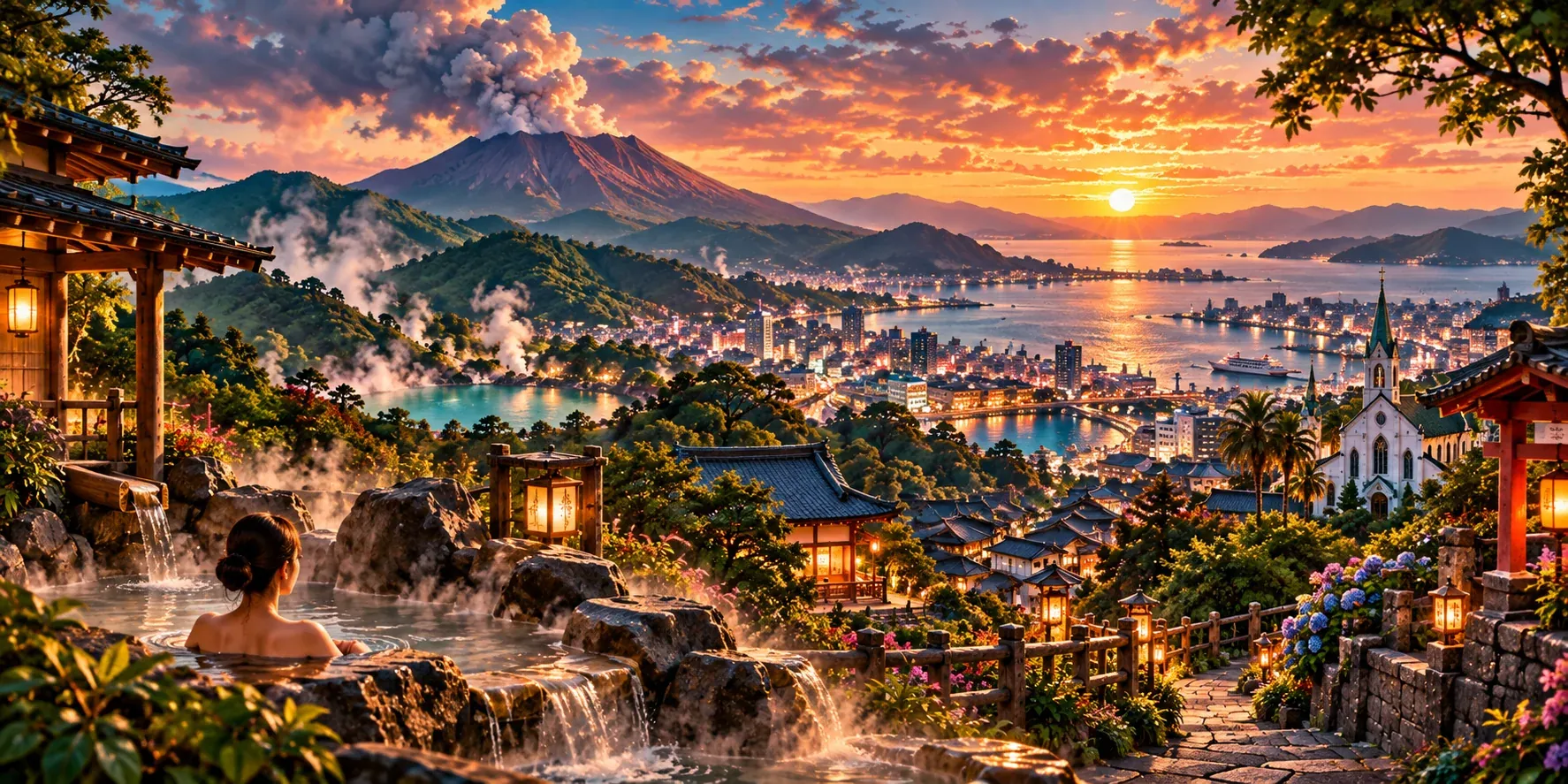 Illustrated destination artwork for Kyushu