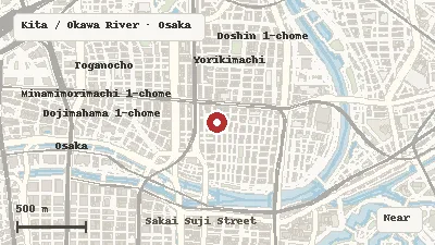 Map of the event area for Tenjin Matsuri in Kita / Okawa River, Osaka