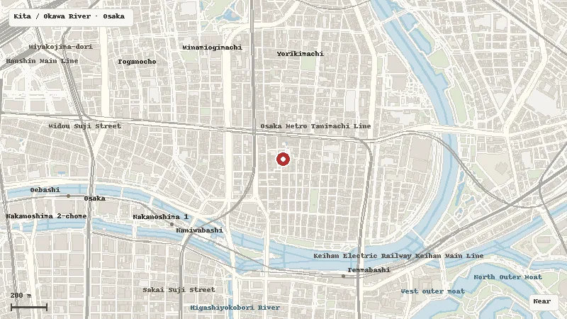 Map of the event area for Tenjin Matsuri in Kita / Okawa River, Osaka