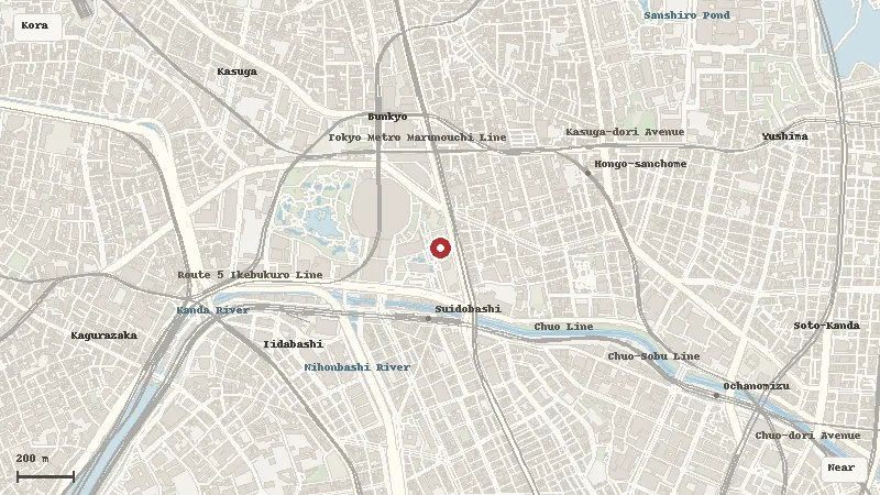 Map of the area around Tokyo Dome City Attractions in Korakuen / Suidobashi