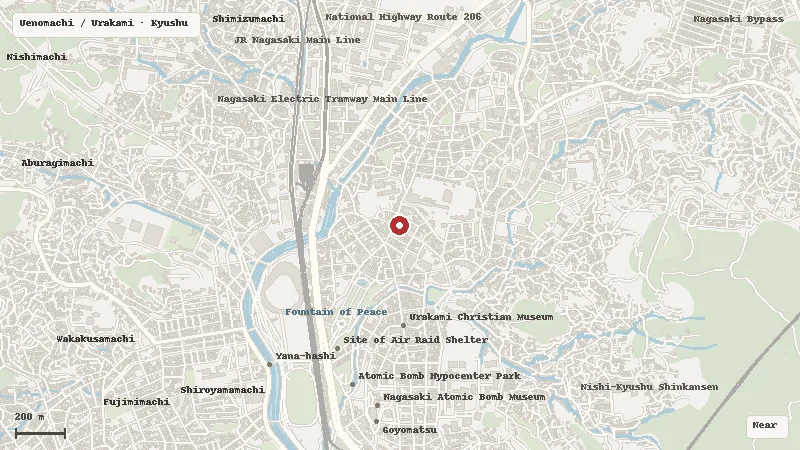 Map of the area around Nyokodō (Dr. Takashi Nagai’s Hut) in Uenomachi / Urakami