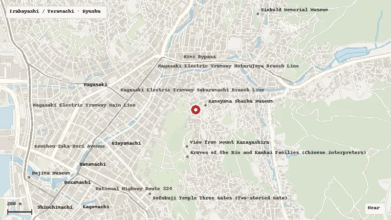Map of the area around Nagasaki Kameyama Shachū Memorial Museum in Irabayashi / Teramachi