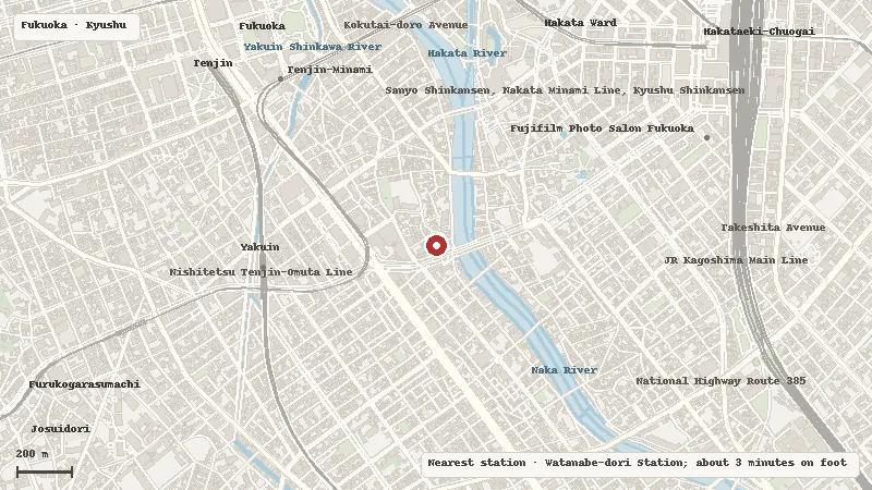 Map of the area around Yanagibashi Rengo Market in Fukuoka