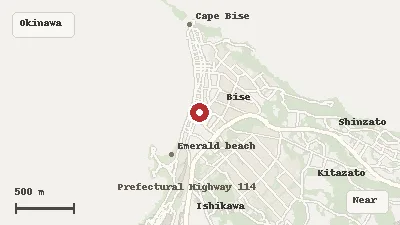 Map of the area around Bise-Fukugi Tree Road in Okinawa