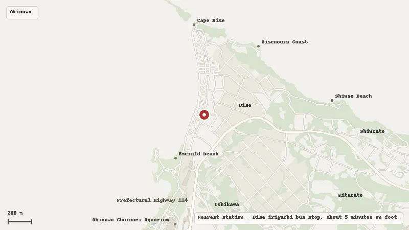 Map of the area around Bise-Fukugi Tree Road in Okinawa