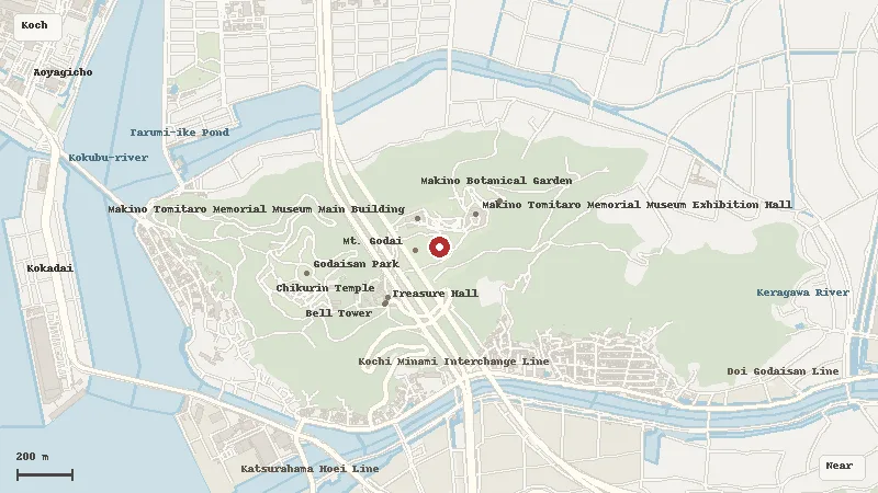 Map of the area around Kochi Prefectural Makino Botanical Garden in Kochi