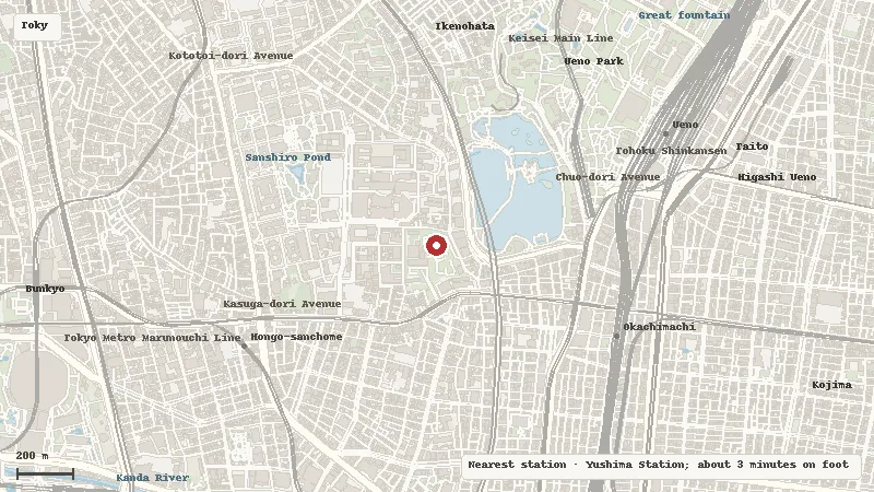 Map of the area around Kyu-Iwasaki-tei Gardens in Tokyo