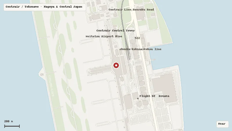 Map of Chubu Centrair International Airport and its airport-complex transport connections