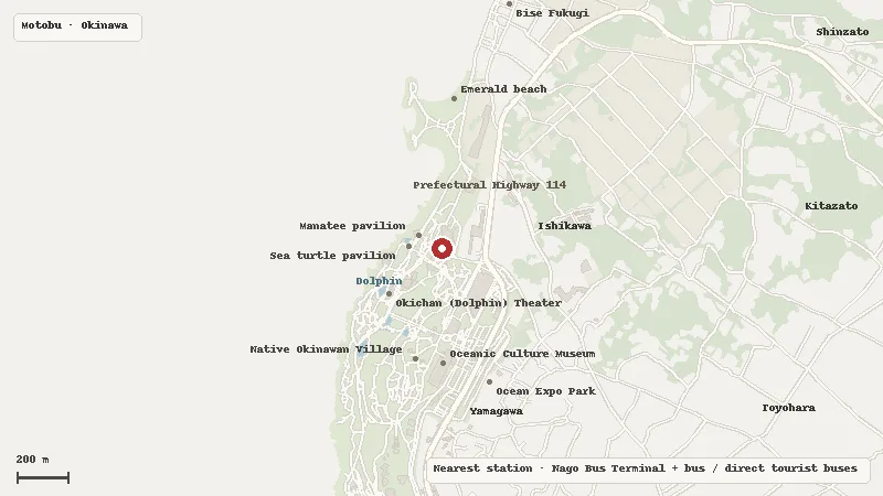 Map of the area around Okinawa Churaumi Aquarium in Motobu