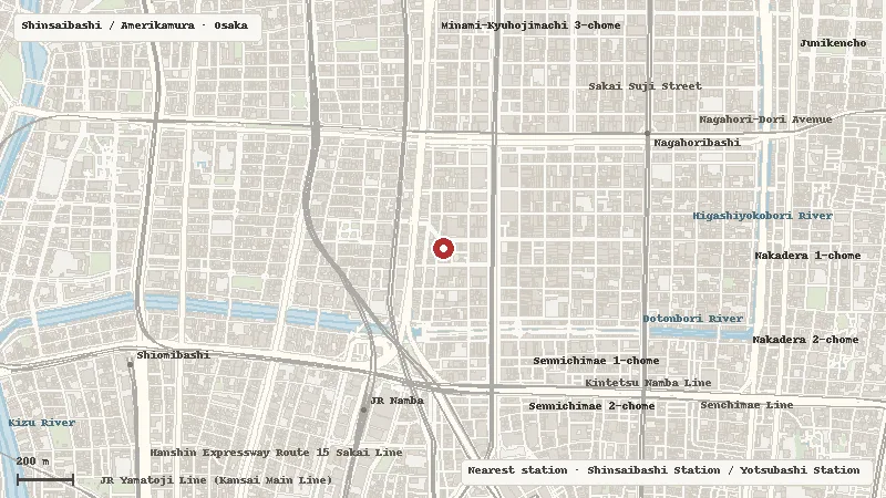 Map of the area around BABY, THE STARS SHINE BRIGHT Osaka in Shinsaibashi / Amerikamura