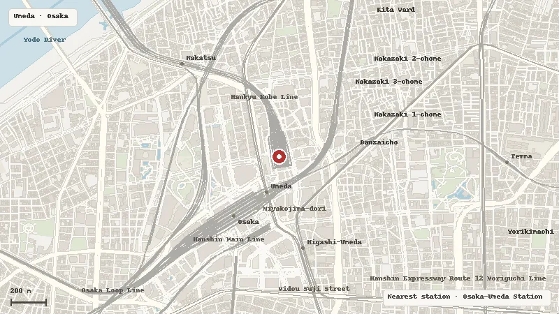 Map of the area around Ultraman World M78 Osaka in Umeda