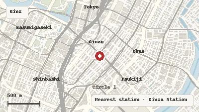 Map of the area around NISSAN CROSSING in Ginza