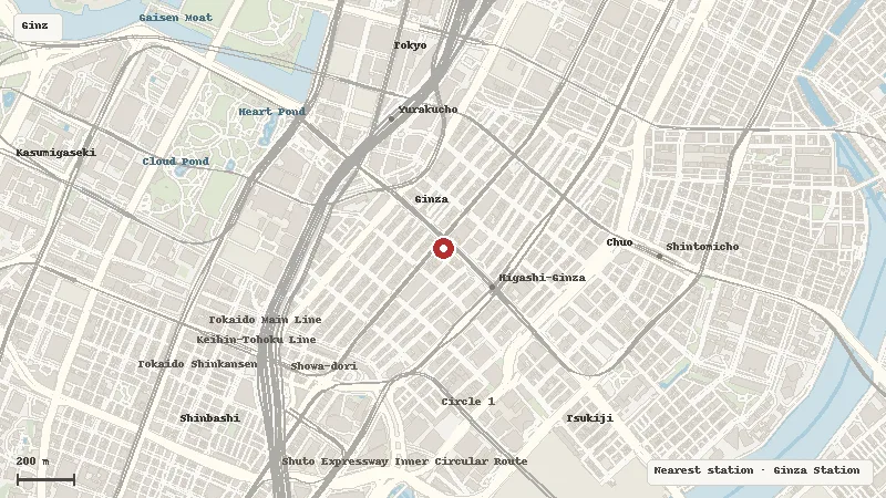 Map of the area around NISSAN CROSSING in Ginza