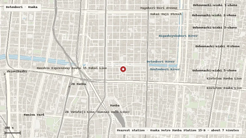 Map of the area around Jankara Dotonbori in Dotonbori