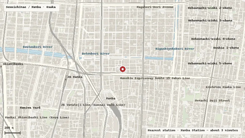 Map of the area around Karaoke Manekineko Sennichimae in Sennichimae / Namba