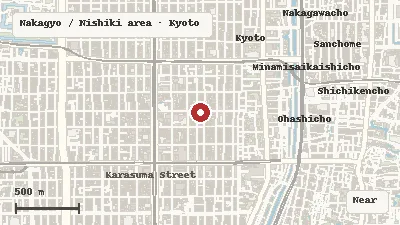 Map of the area around SAMURAI NINJA MUSEUM KYOTO in Nakagyo / Nishiki area