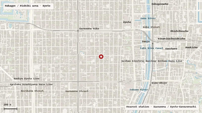 Map of the area around SAMURAI NINJA MUSEUM KYOTO in Nakagyo / Nishiki area