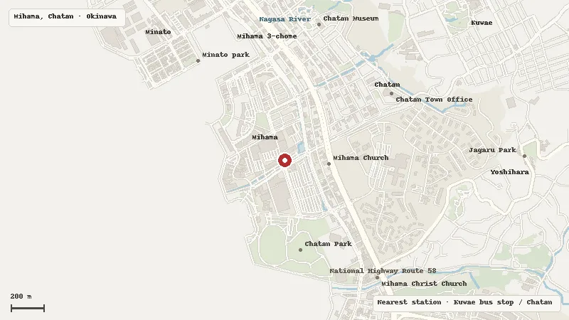 Map of the area around American Village Okinawa in Mihama, Chatan