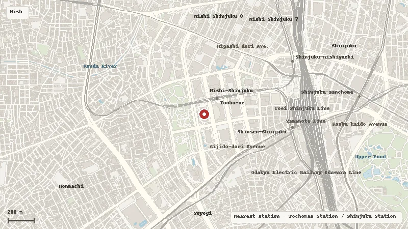 Map of the area around Tokyo Metropolitan Government Building Observatories in Nishi-Shinjuku
