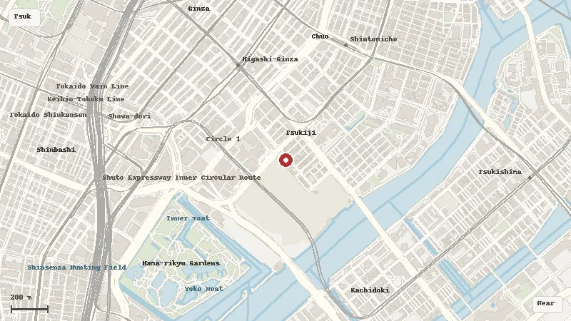 Map of the area around Tsukiji Outer Market in Tsukiji / Chūō
