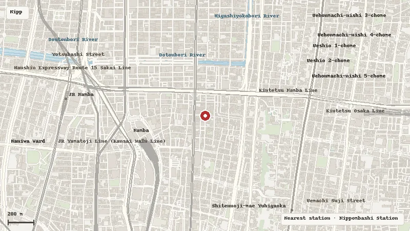 Map of the area around Kuromon Ichiba Market in Nipponbashi / Chūō Ward