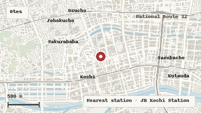 Map of the area around Kochi Sunday Market in Otesuji / Central Kochi