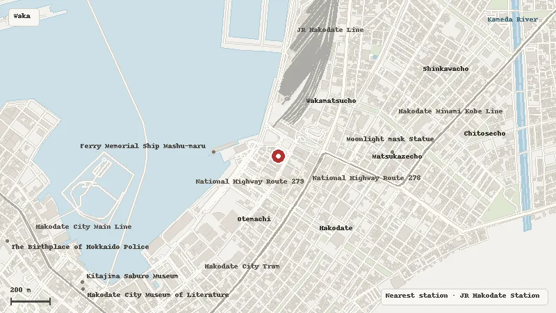 Map of the area around Hakodate Morning Market in Wakamatsuchō / Hakodate Station