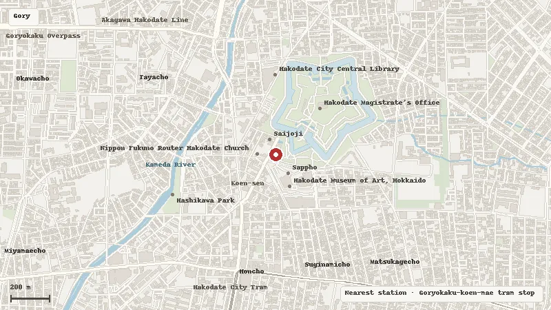 Map of the area around Goryōkaku Tower in Goryokaku