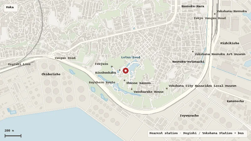 Map of the area around Sankeien Garden in Naka Ward