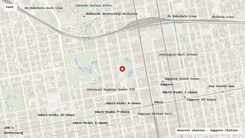Map of the area around Former Hokkaidō Government Office in Central Sapporo