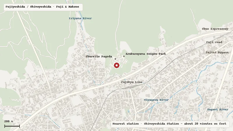 Map of the area around Arakurayama Sengen Park in Fujiyoshida / Shimoyoshida