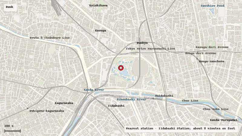 Map of the area around Koishikawa Korakuen Garden in Bunkyo