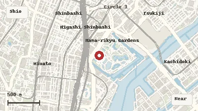 Map of the area around Hamarikyu Gardens in Shiodome