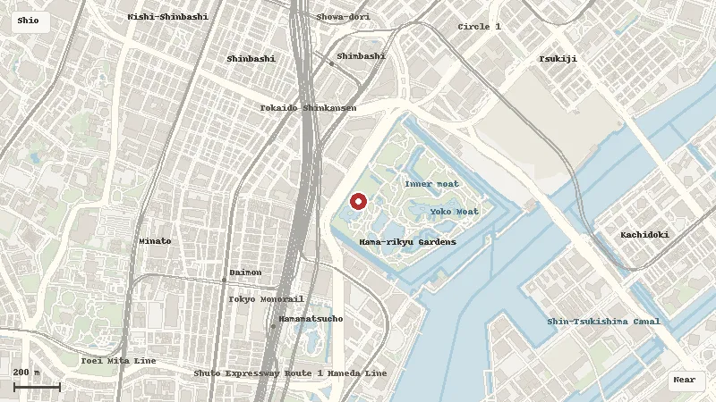 Map of the area around Hamarikyu Gardens in Shiodome