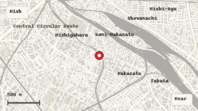 Map of the area around Kyu-Furukawa Gardens in Nishigahara