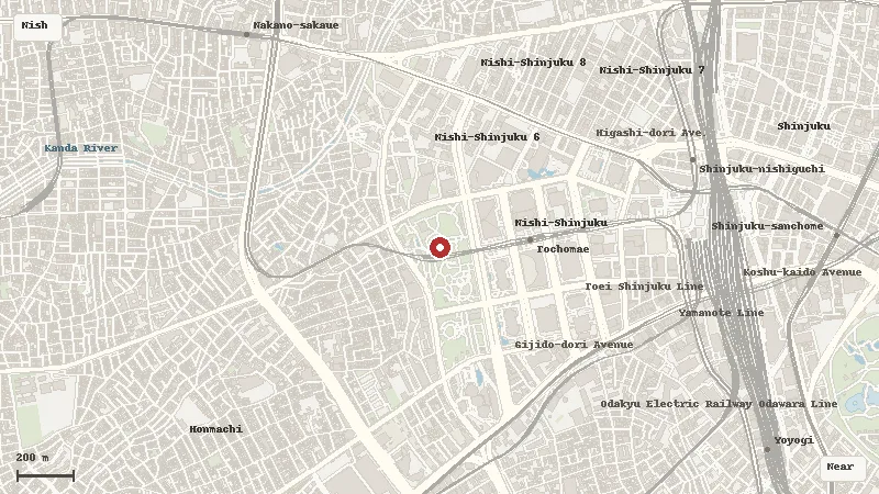 Map of the area around Shinjuku Central Park in Nishi-Shinjuku