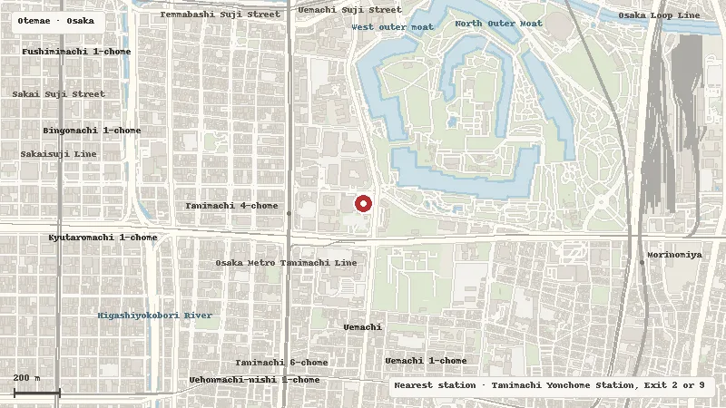 Map of the area around Osaka Museum of History in Otemae