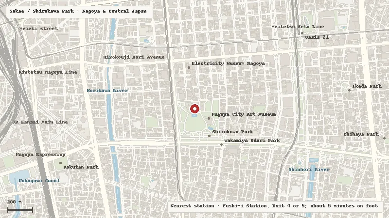 Map of the area around Nagoya City Science Museum in Sakae / Shirakawa Park