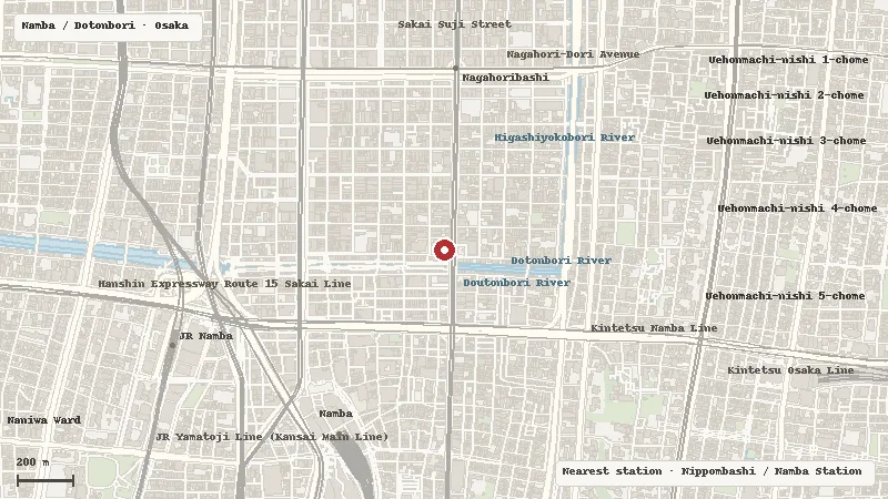 Map of the area around Kawaii Osaka Kimono Rental & Sales in Namba / Dotonbori