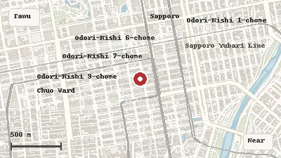 Map of the area around Mizukisakura Kimono Rental Sapporo in Tanukikoji / Central Sapporo