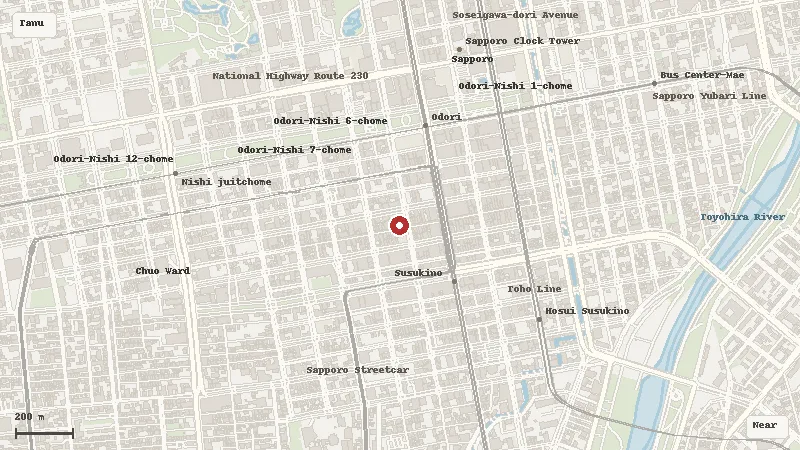 Map of the area around Mizukisakura Kimono Rental Sapporo in Tanukikoji / Central Sapporo