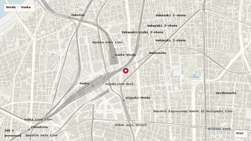 Map of the area around HEP FIVE Ferris Wheel in Umeda