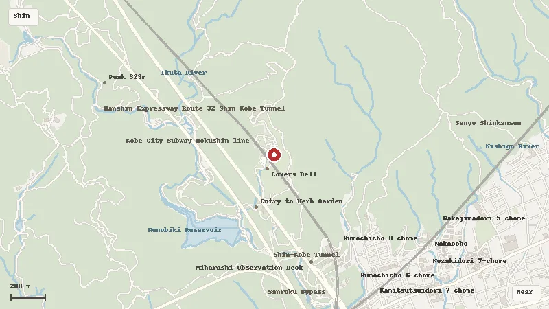 Map of the area around Kobe Nunobiki Herb Gardens & Ropeway in Shin-Kobe / Nunobiki