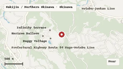 Map of the area around JUNGLIA Okinawa in Nakijin / Northern Okinawa
